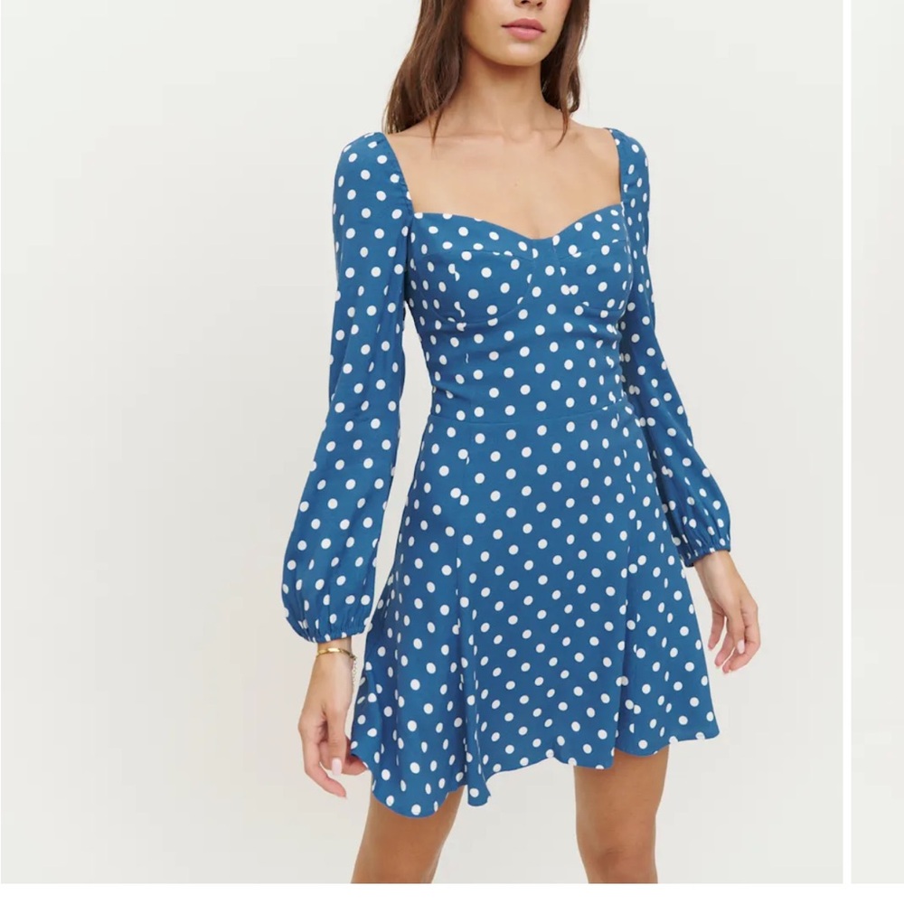 Reformation Blue and White Polka Dot Long Sleeve Dress